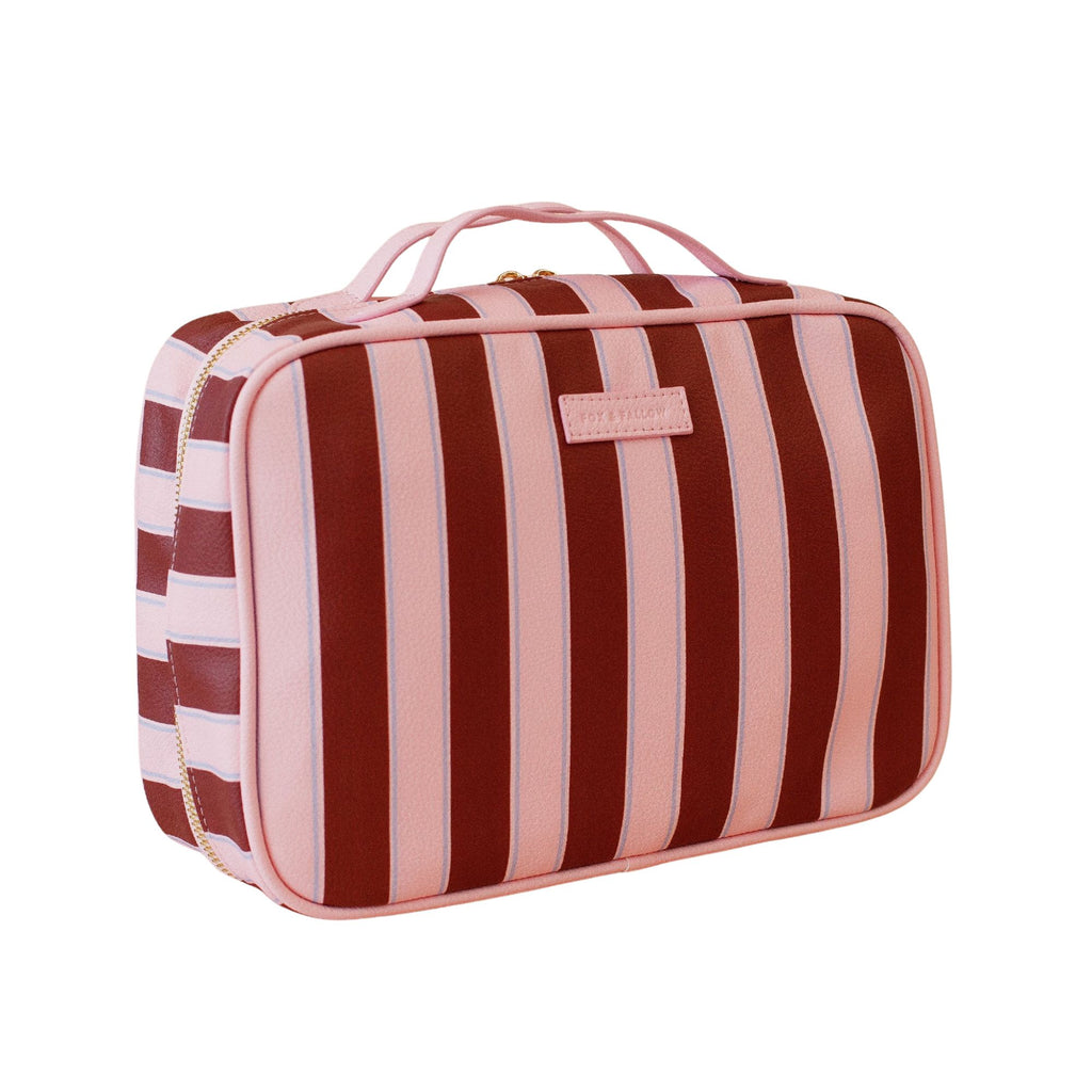 Striped toiletry bag with a visible brand logo on a white background