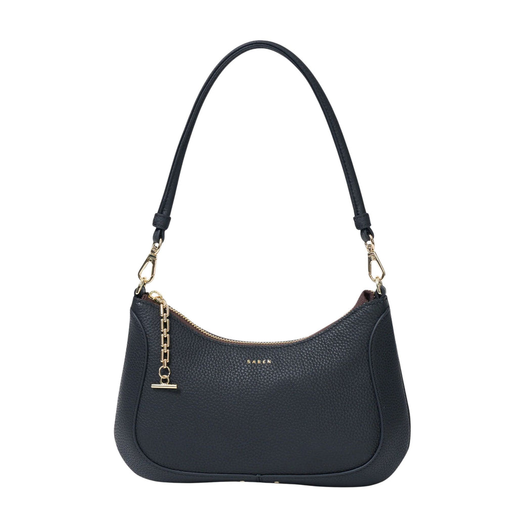 Black handbag with gold chain detail on a white background