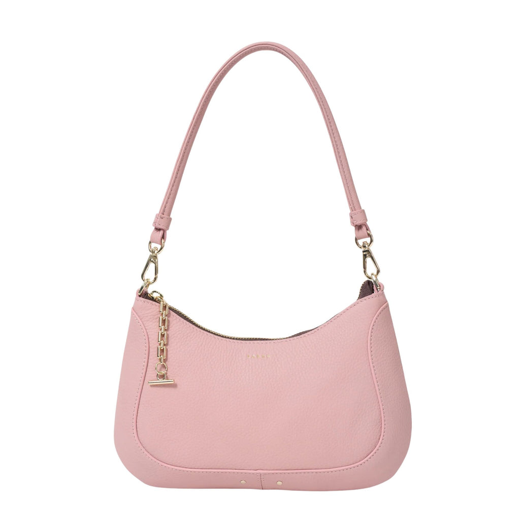Pink handbag with gold chain detail on a white background