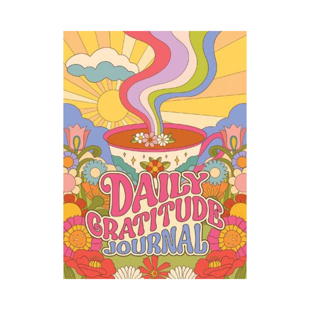 A book with a multicoloured psychedelic design of a cup of tea and flowers tilted "daily gratitude journal"