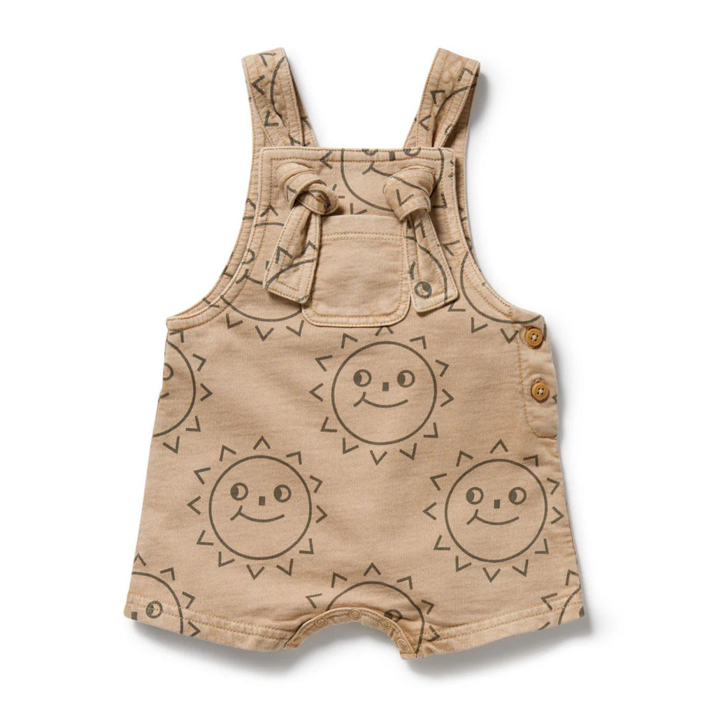 Beige baby romper with sun pattern on a white background