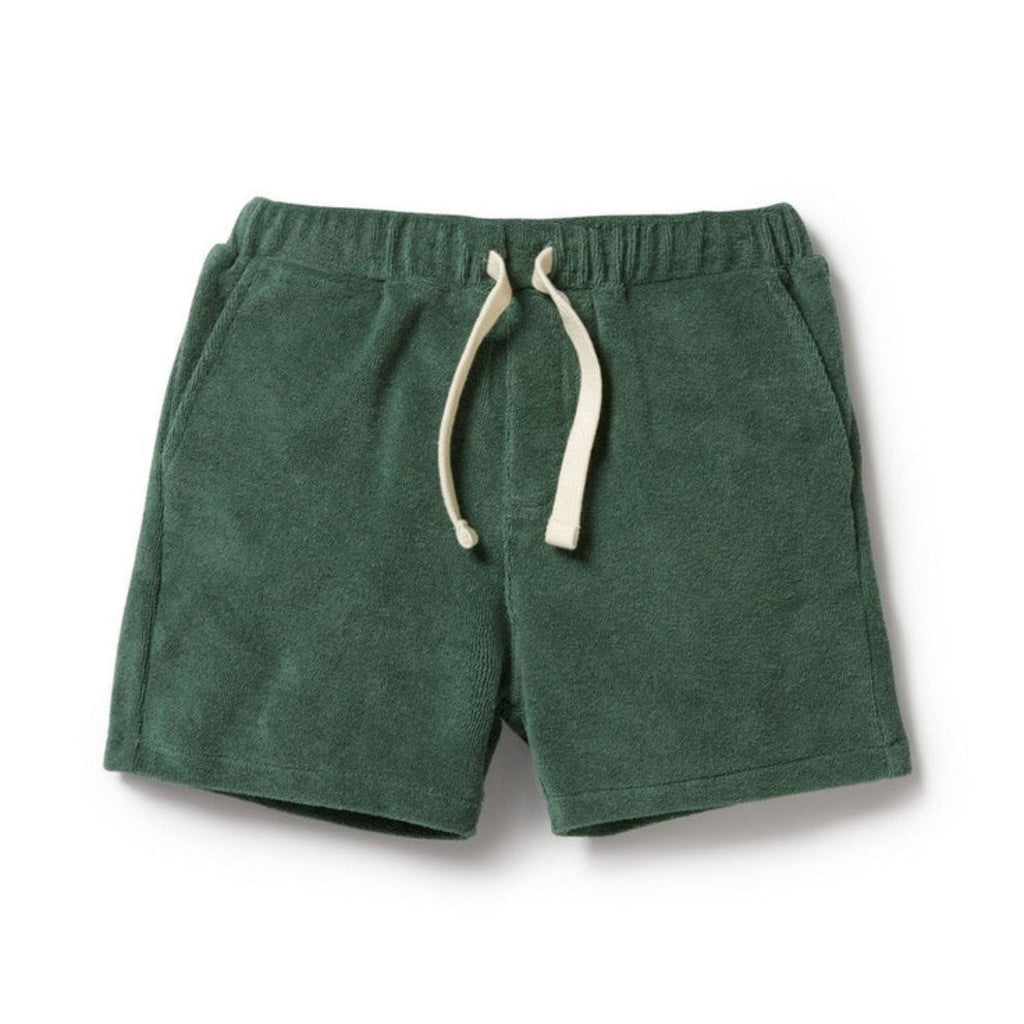 Green shorts with a drawstring on a white background
