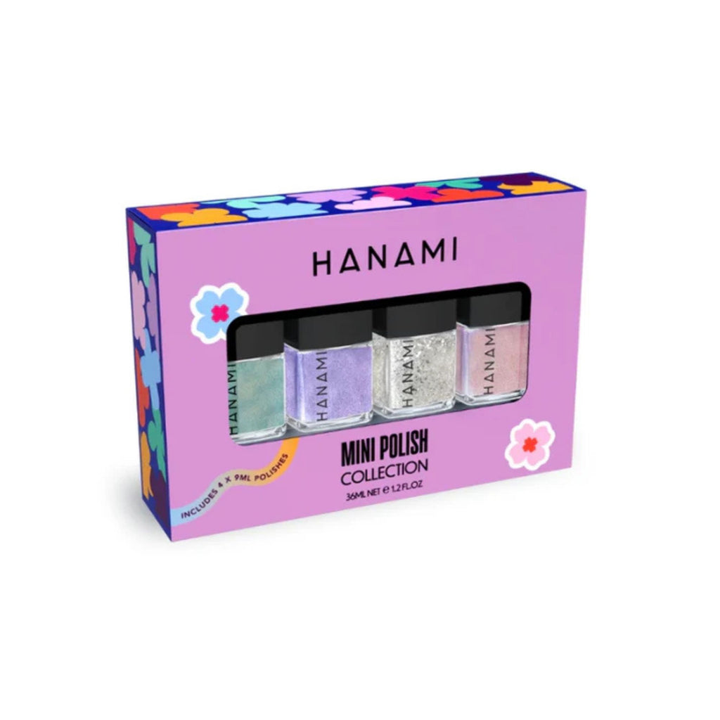 Hanami mini nail polish collection packaging with four bottles on a white background