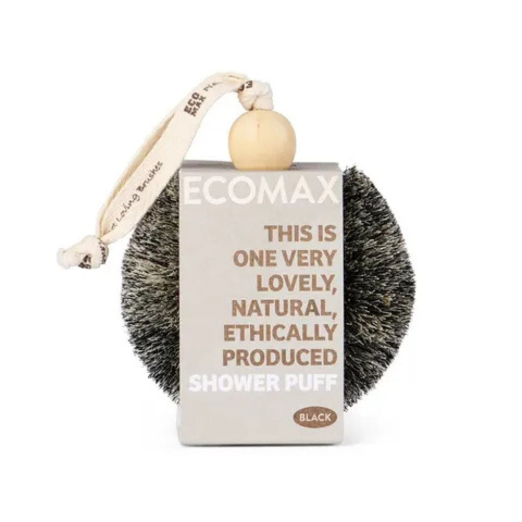 Ecomax shower puff with text on a white background