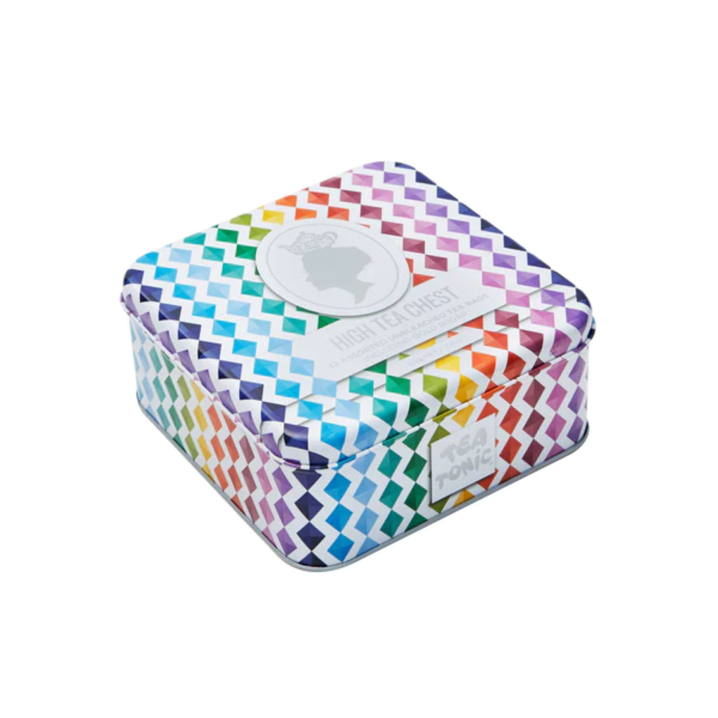 Colorful patterned tin box with a white label on a white background