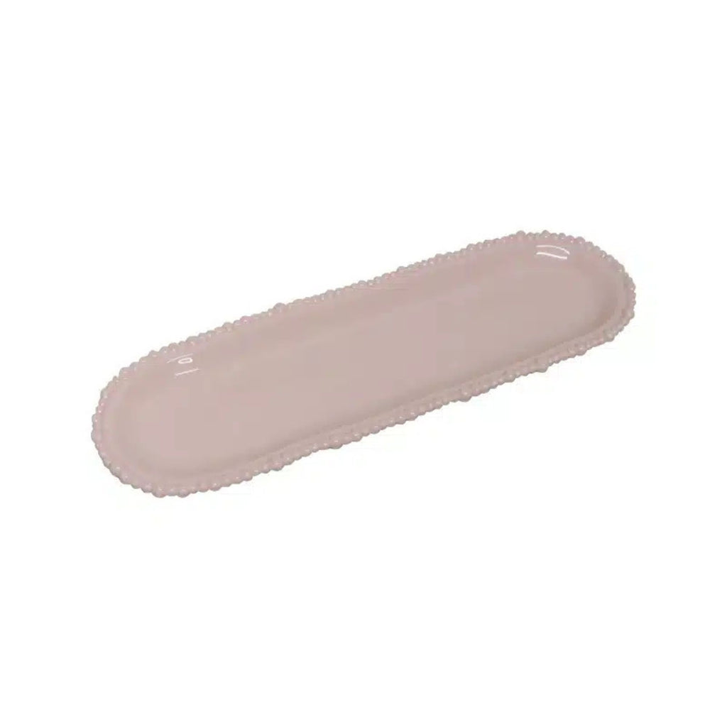 Oval-shaped pink melamine plate on a white background
