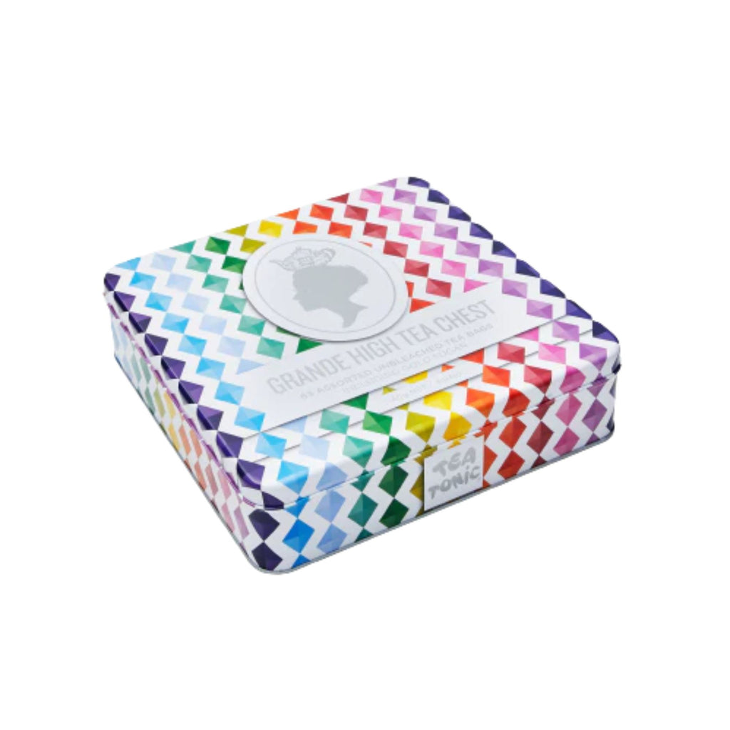 Colorful patterned tin box with a brand logo on a white background