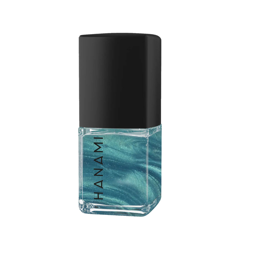 Teal nail polish bottle with black cap on a white background