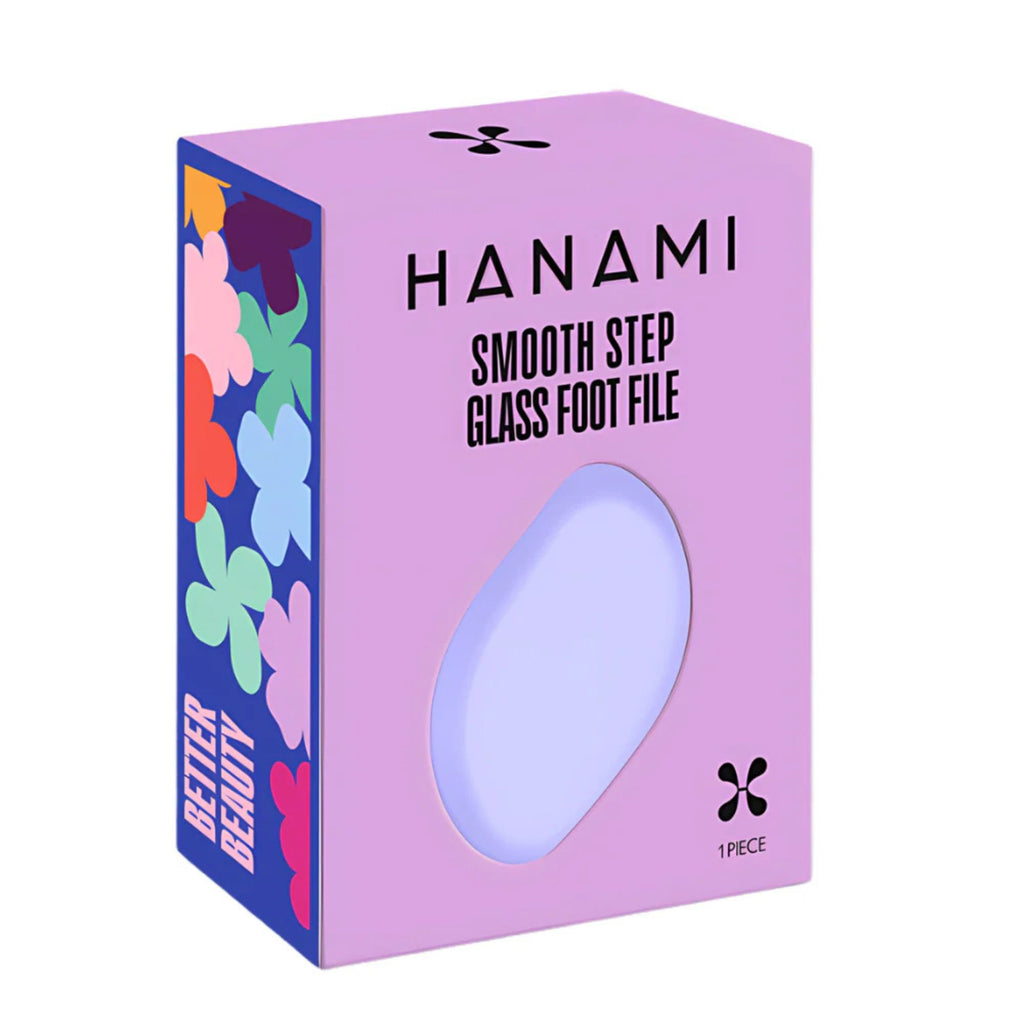Box of Hanami Smooth Step Glass Foot File with colorful floral design on a white background