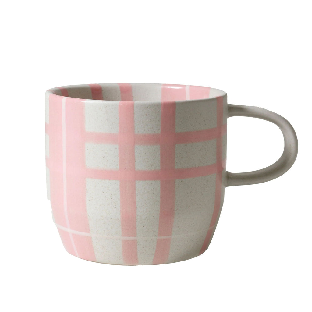 Mug with pink and gray checkered pattern on a white background