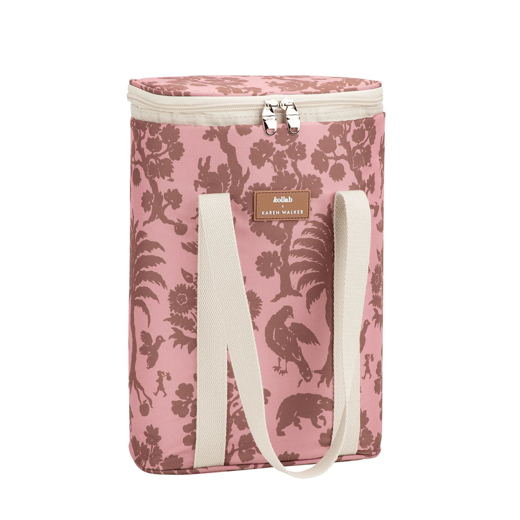 Pink floral-patterned bag with white handles on a white background