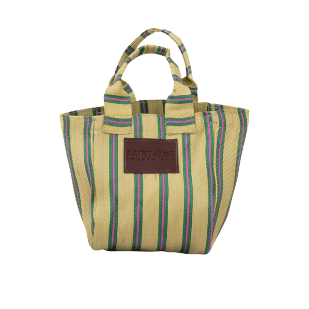 Striped tote bag with a brand logo on a white background