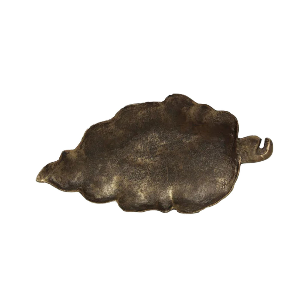 Bronze decorative leaf shaped platter on a white background