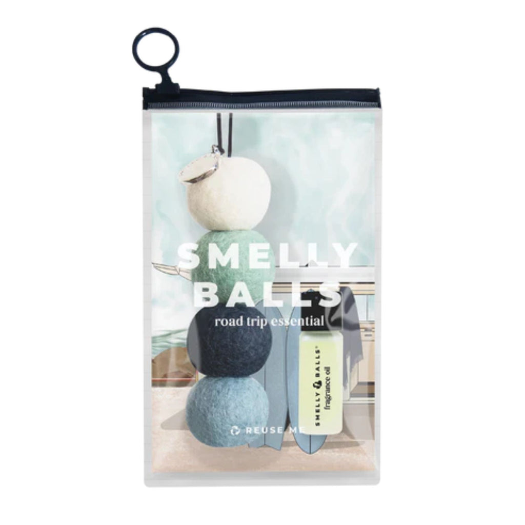 Smelly Balls packaging with two scented balls and a bottle on a light background