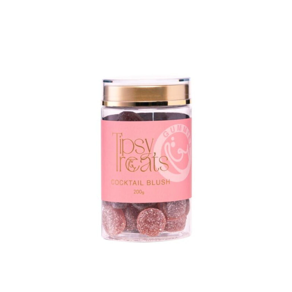 Jar of 'Tipsy Treats' cocktail blush gummies with a pink label on a white background