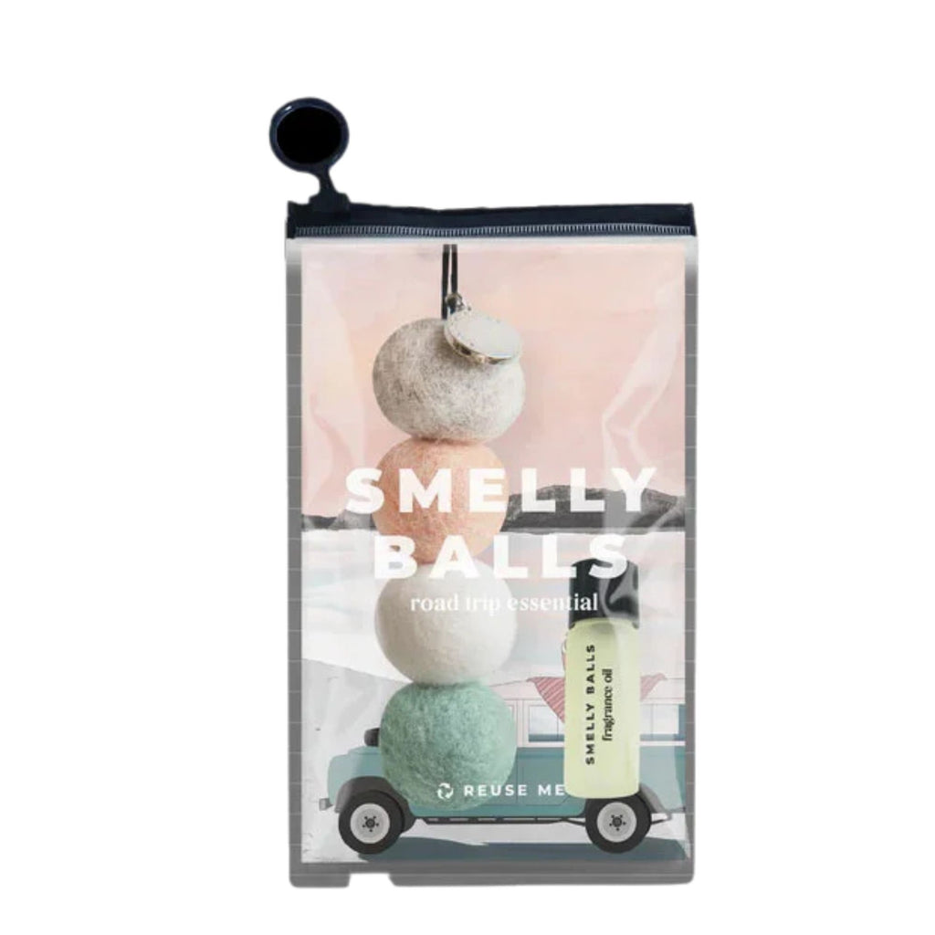 Packaged 'Smelly Balls' product with three scented balls and a car illustration on a white background.