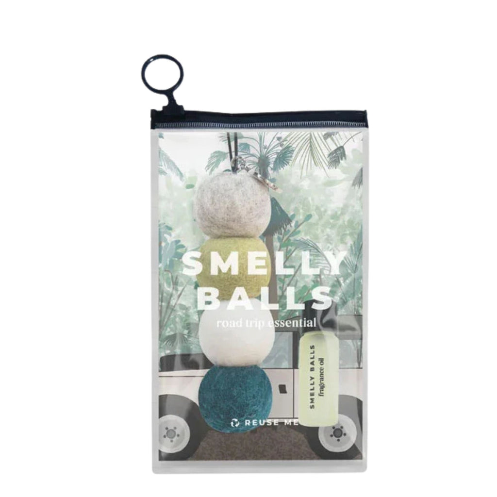 Packaged 'Smell Balls' with three spherical scented balls in a clear plastic bag on a white background.