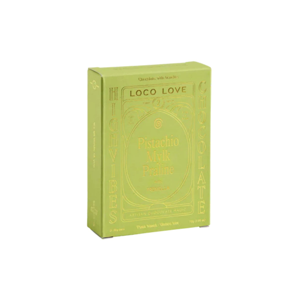 Green packaging of Loco Love Pistachio Milk Praline chocolate on a white background