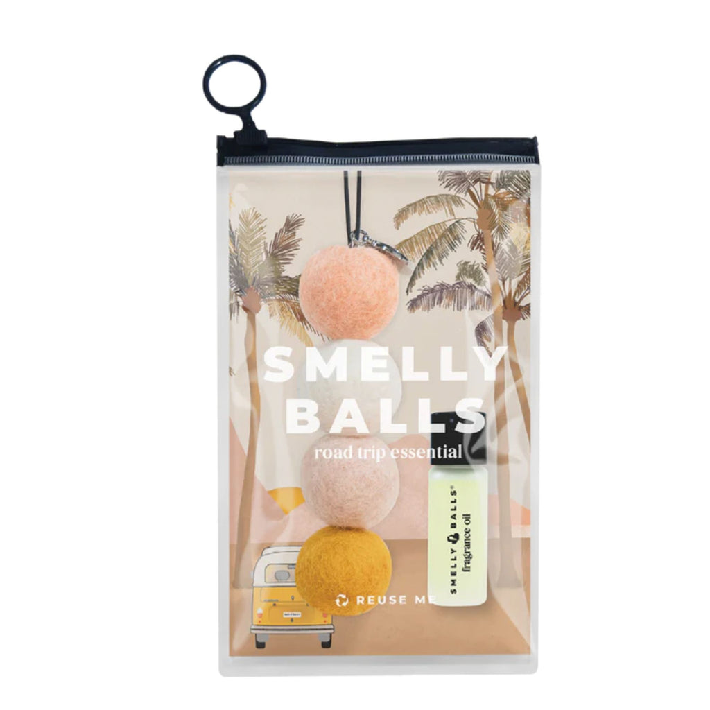 Packaged product labeled 'Smelly Balls' with palm tree design on a white background