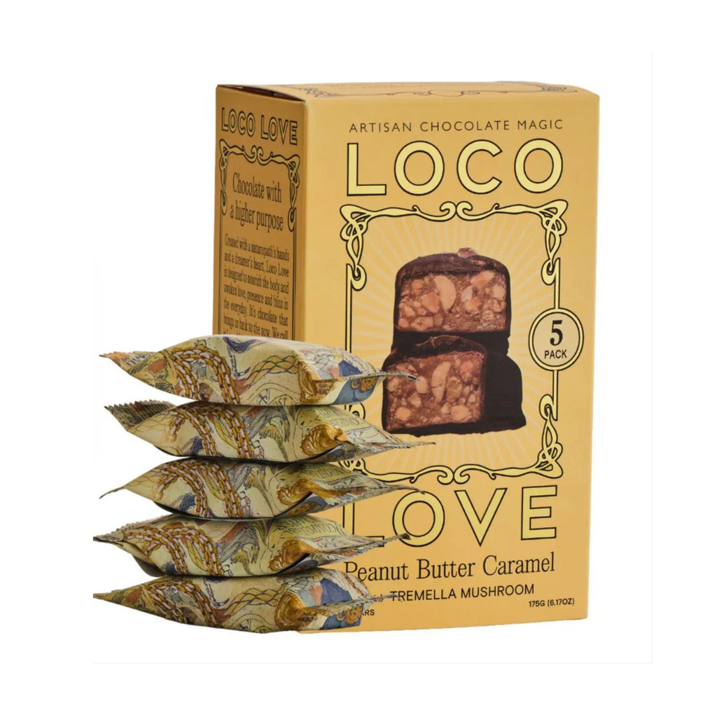 Packaging of Loco Love chocolate with five individually wrapped bars on a white background