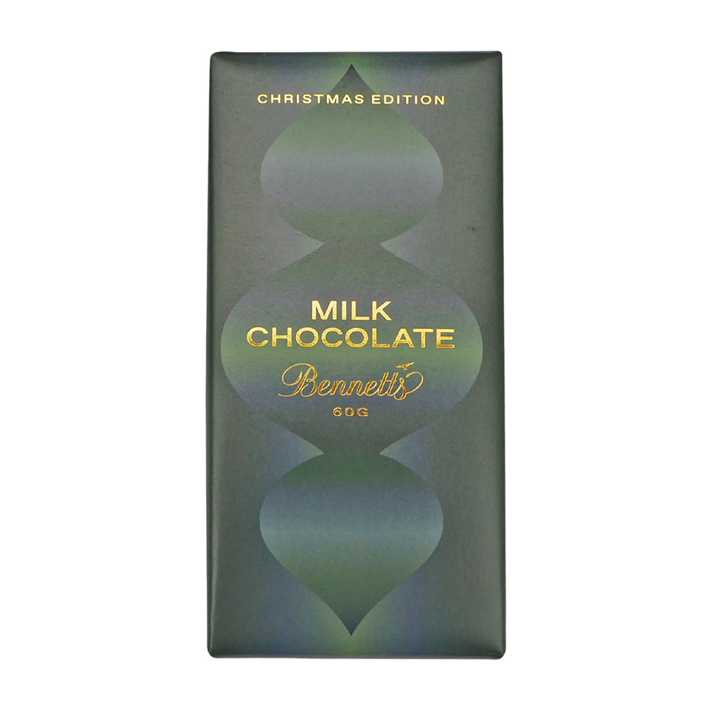 Milk chocolate bar packaging with Bennett's branding on a white background