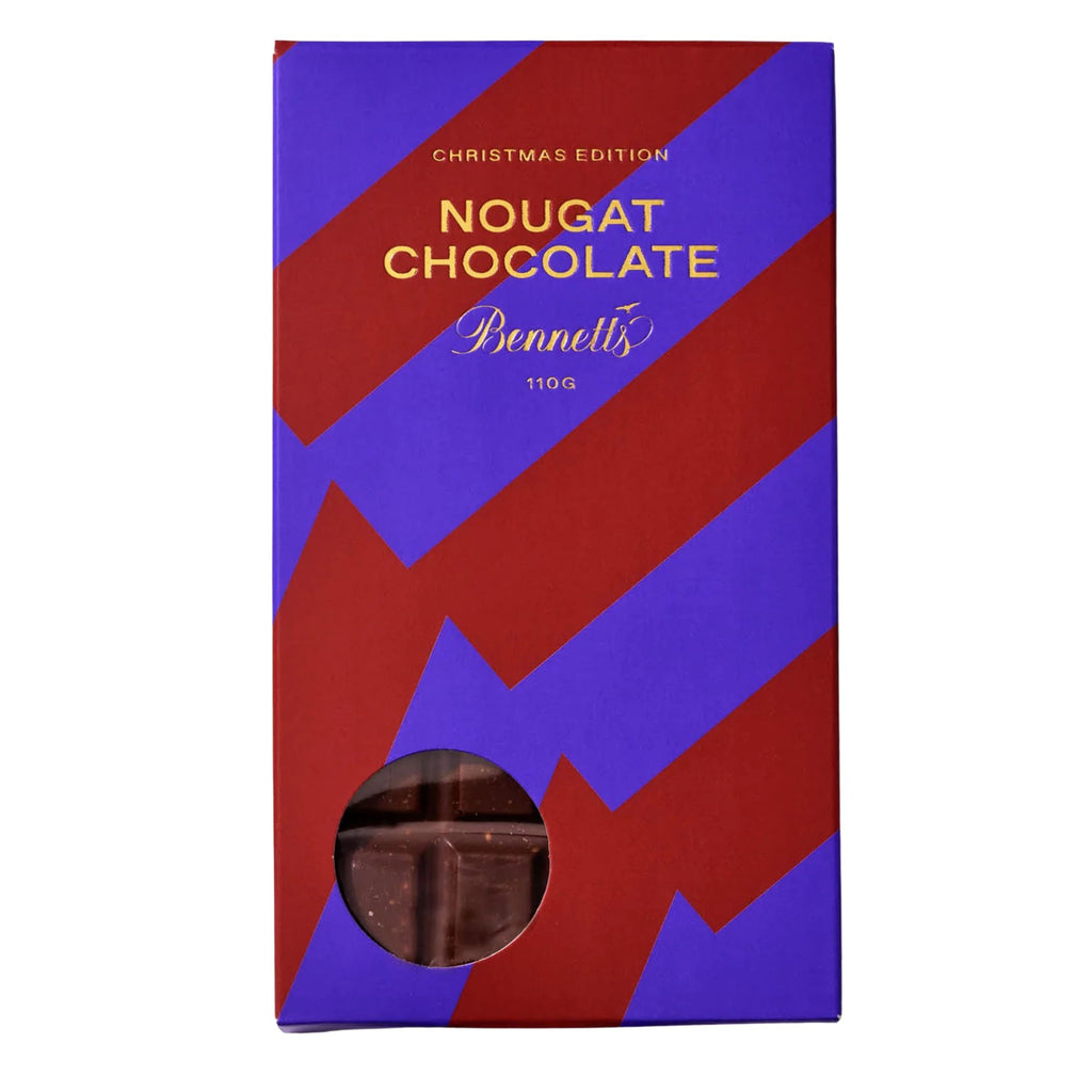 Nougat chocolate packaging with red and blue design on a white background