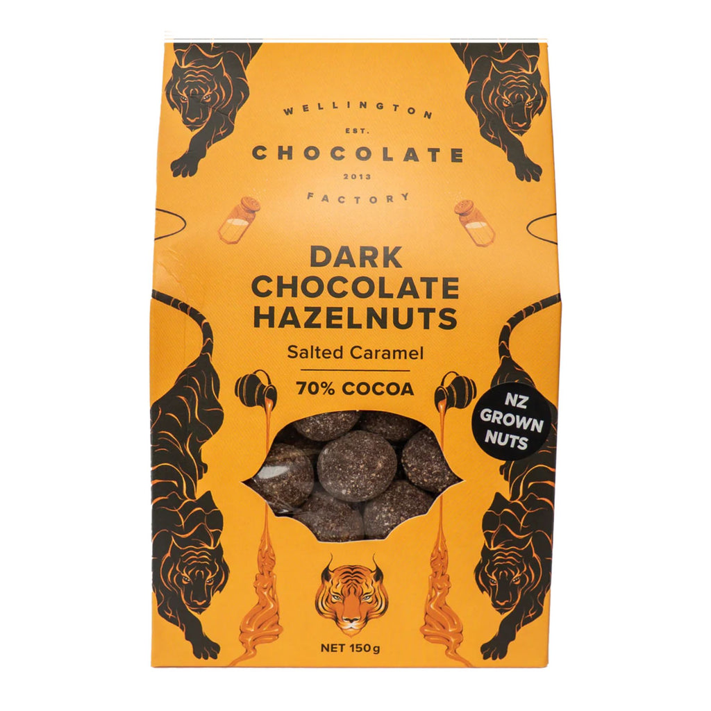 Packaging of Wellington Chocolate Factory Dark Chocolate Hazelnuts with tiger design on a white background
