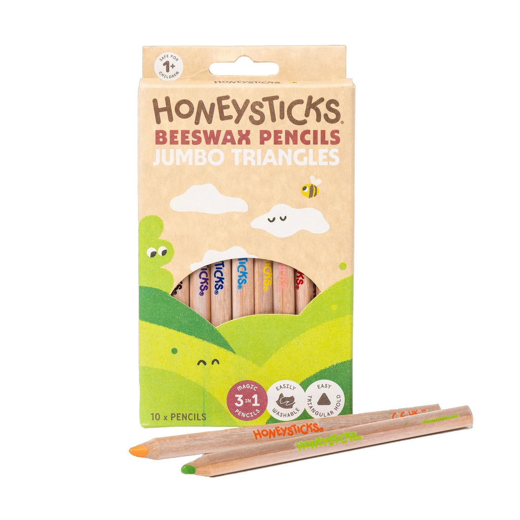 Packaging of Honneysticks Beeswax Pencils with two pencils displayed in front.