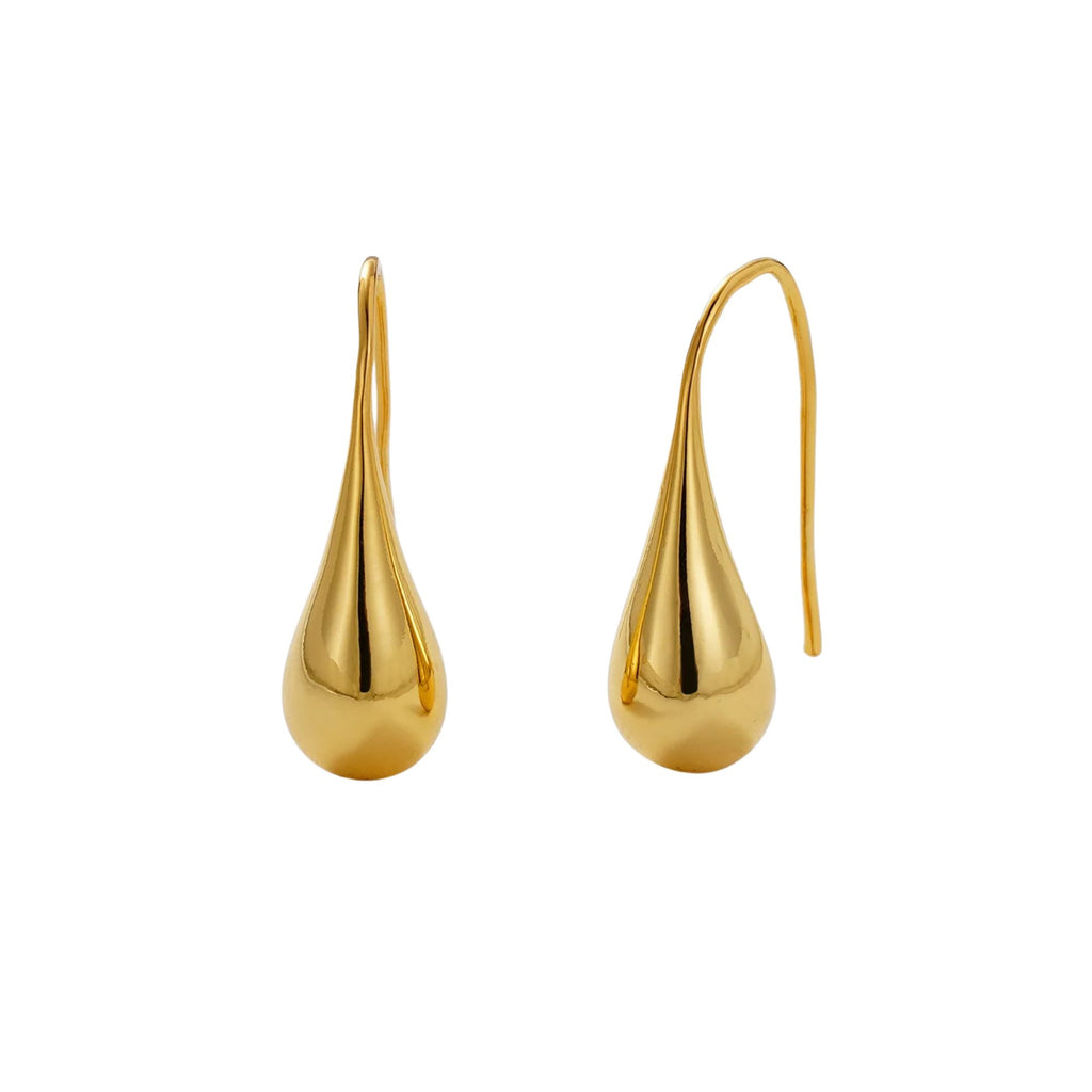 Gold teardrop earrings on a white background