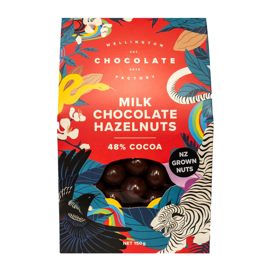 Packaging of Wellington Chocolate Factory Milk Chocolate Hazelnuts with colorful design