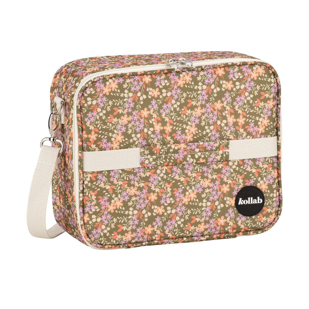 Floral patterned bag with a visible brand logo on a white background