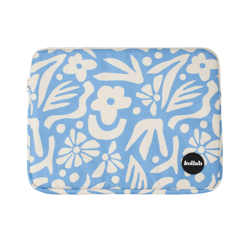 Blue pouch with white floral pattern and Kollab logo on a white background