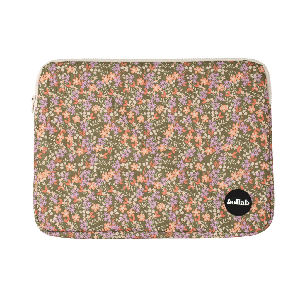 Floral patterned pouch with a brand logo on a white background