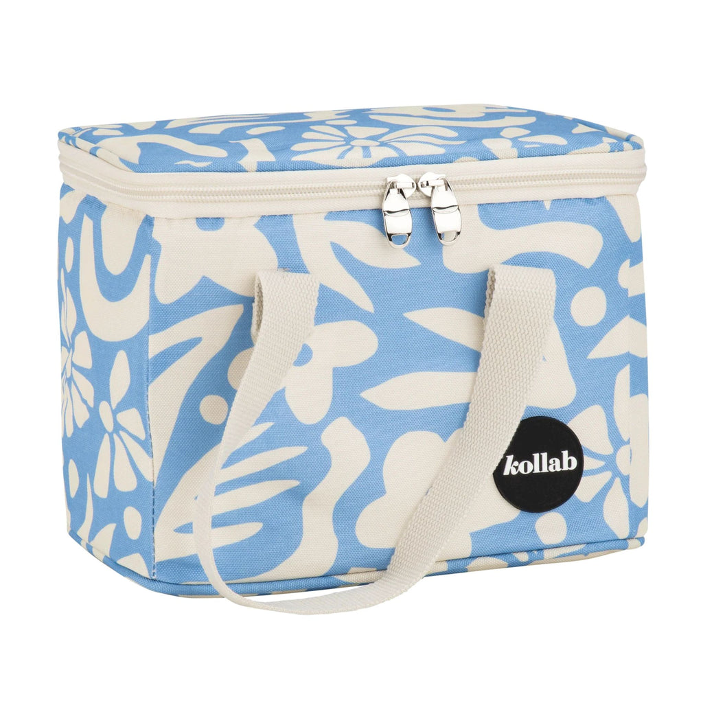 Blue floral-patterned cooler bag with a visible brand logo on a white background
