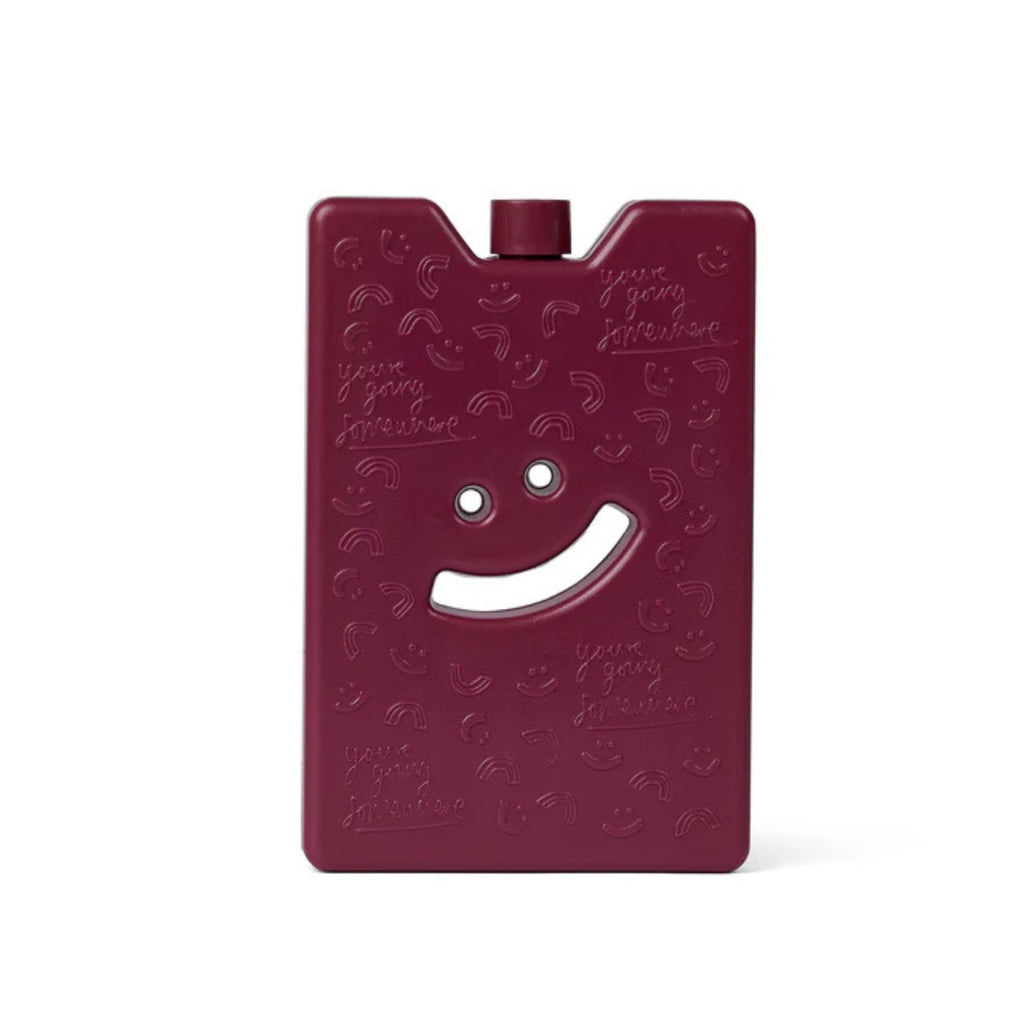 Maroon rectangular ice brick with smiley face design on a white background