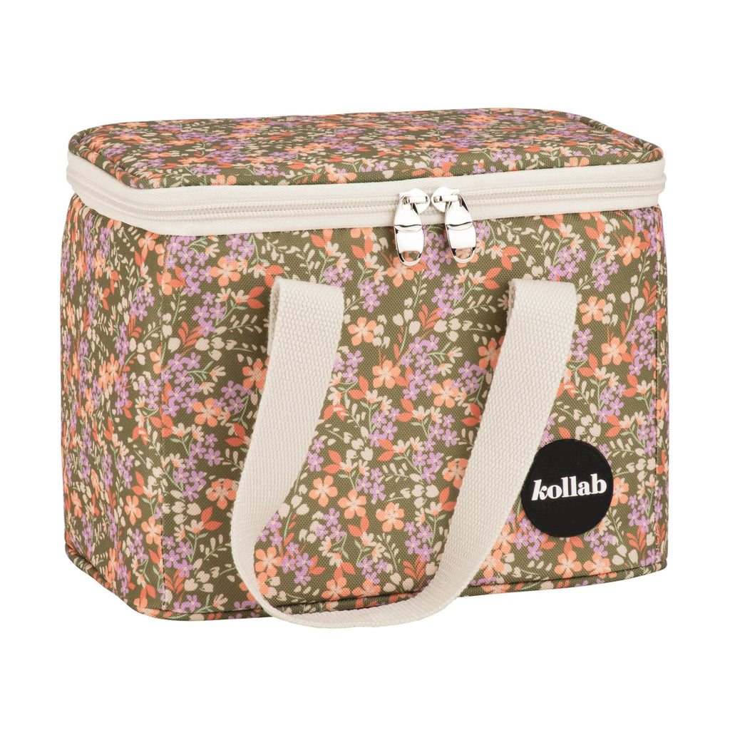 Floral-patterned cooler bag with 'kollab' logo on a white background