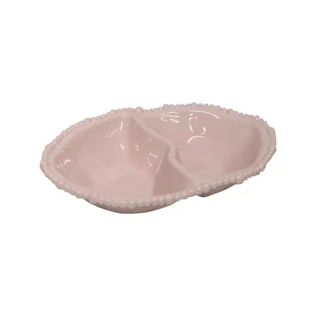 Pink melamine two-compartment dish on a white background