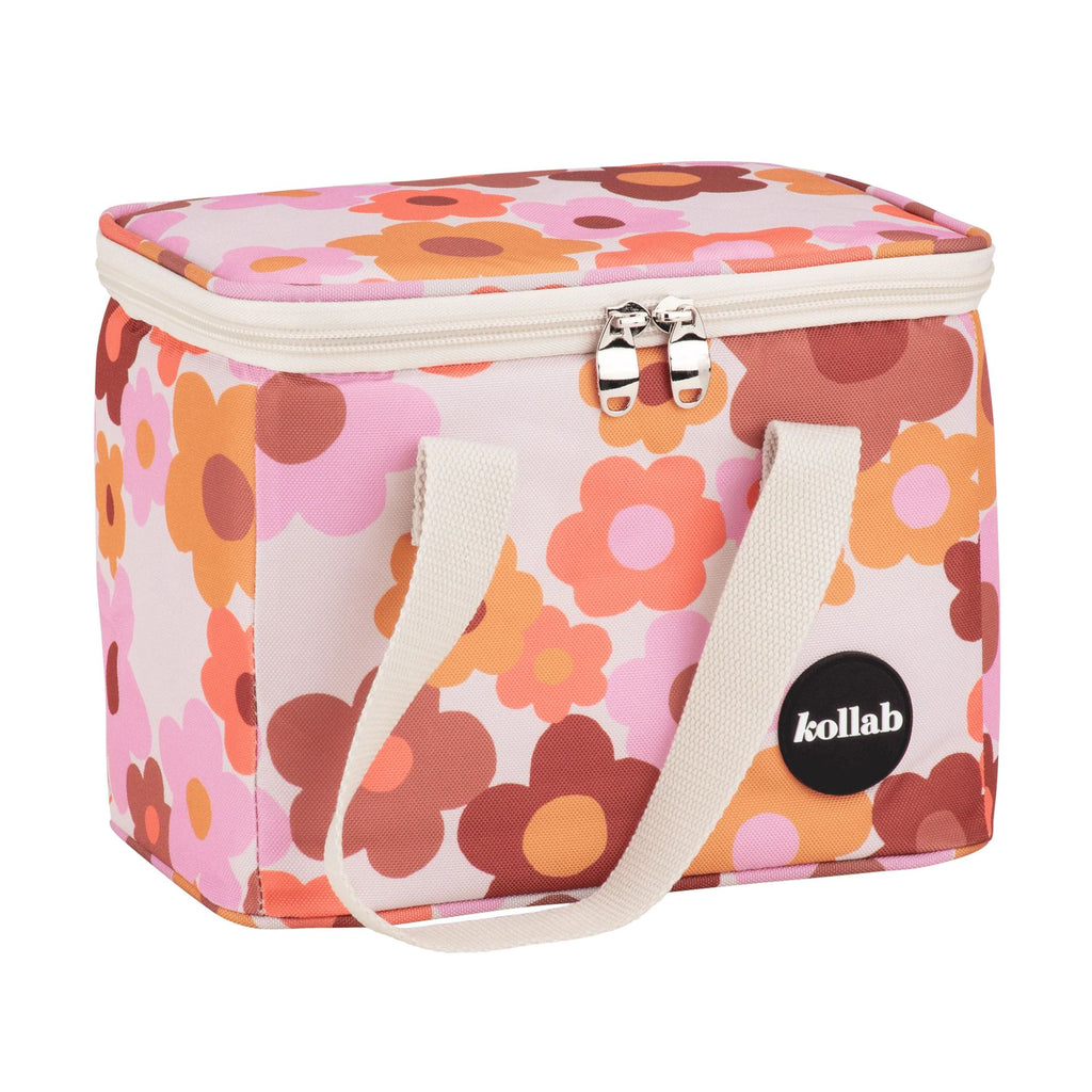 Floral-patterned cooler bag with a visible brand logo on a white background