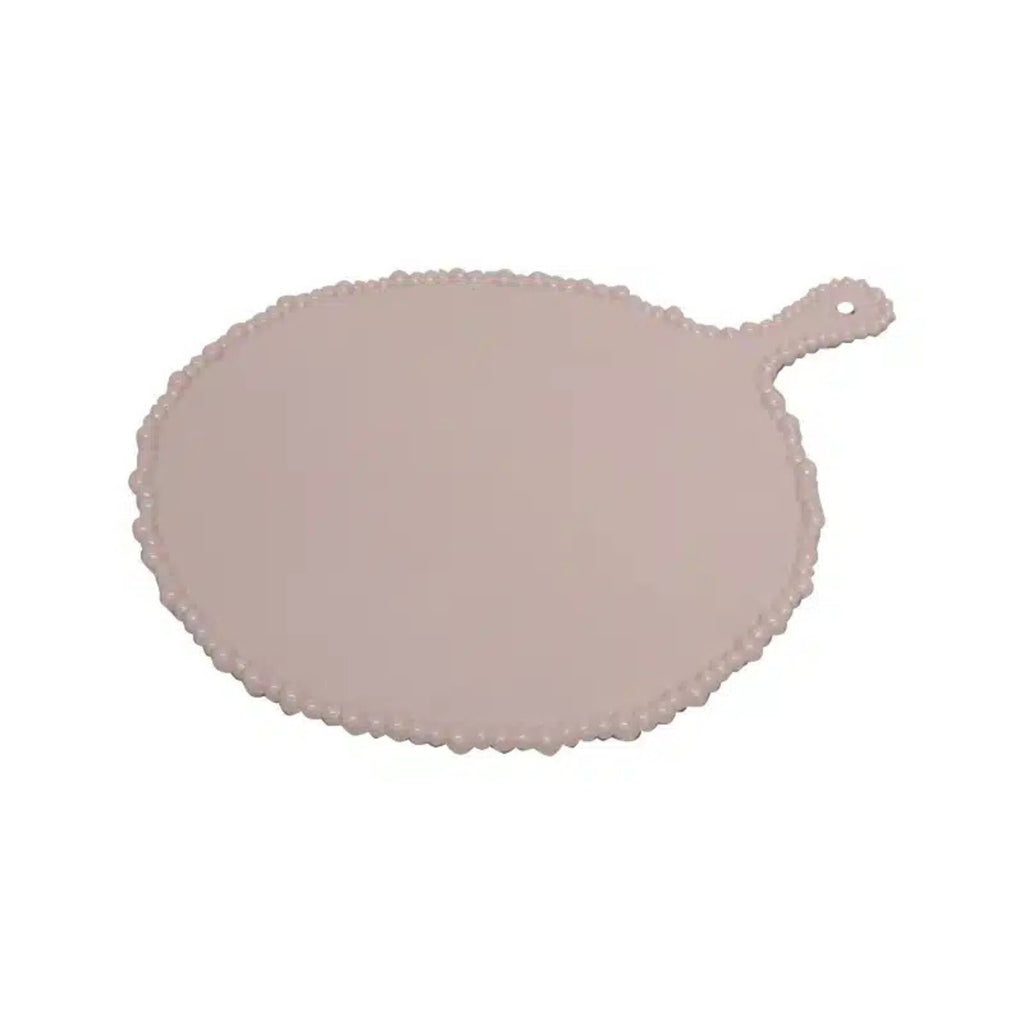 Round pink platter with scalloped edge and handle on a white background