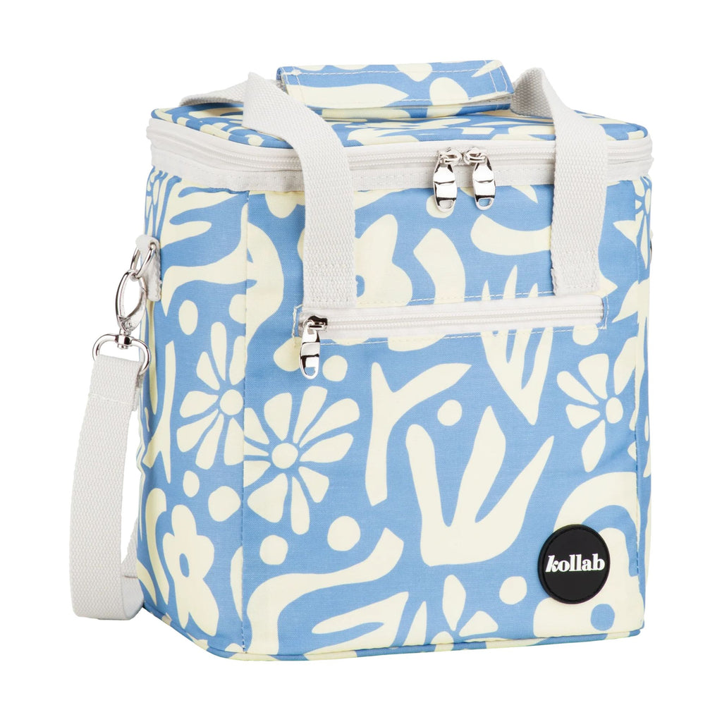 Blue and white floral patterned bag with 'kollab' branding on a white background