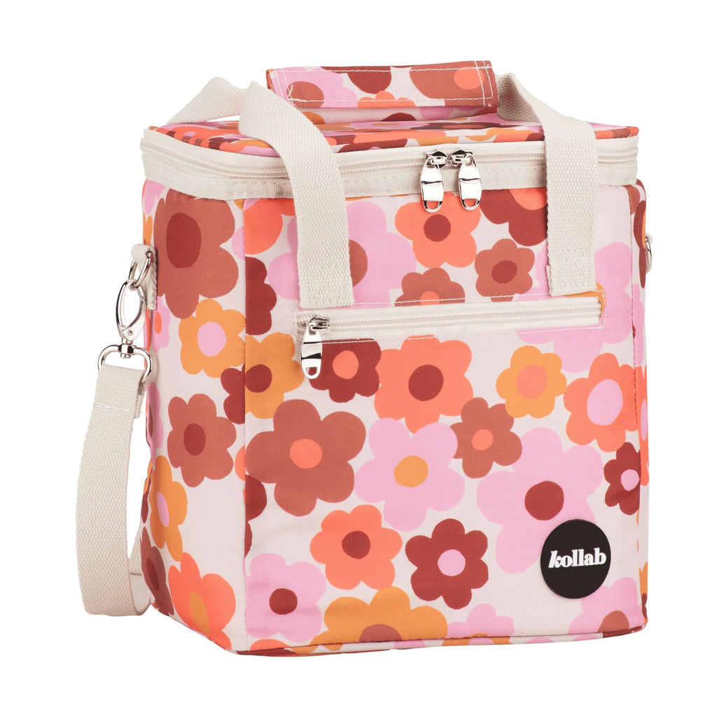 Floral patterned bag with a visible brand logo on a white background