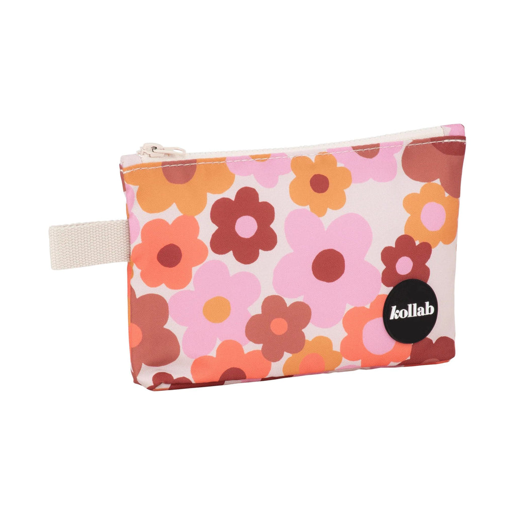 Floral-patterned pouch with 'kollab' branding on a white background