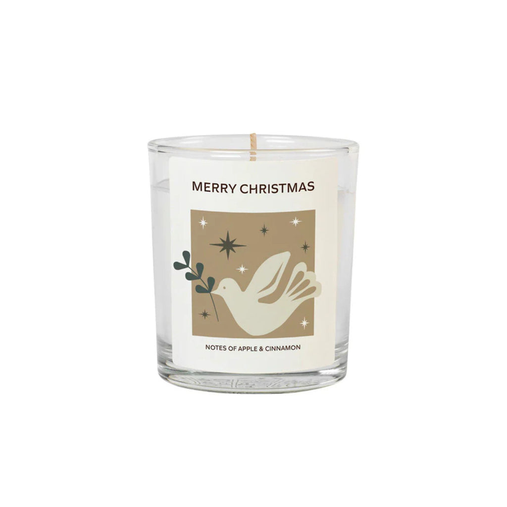 Candle with a Christmas design featuring a dove and text on a white background