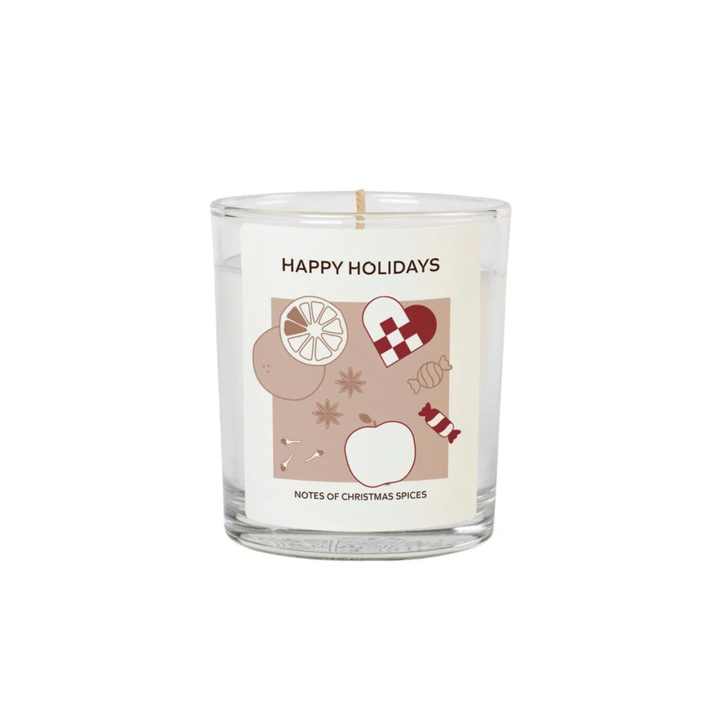 Candle with 'Happy Holidays' text and festive illustrations on a white background