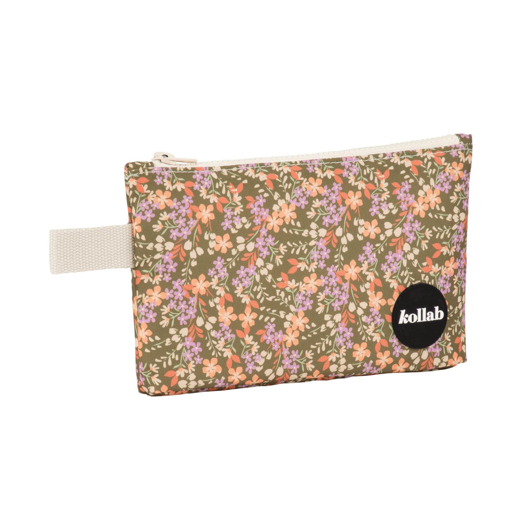 Floral-patterned pouch with a visible brand logo on a white background