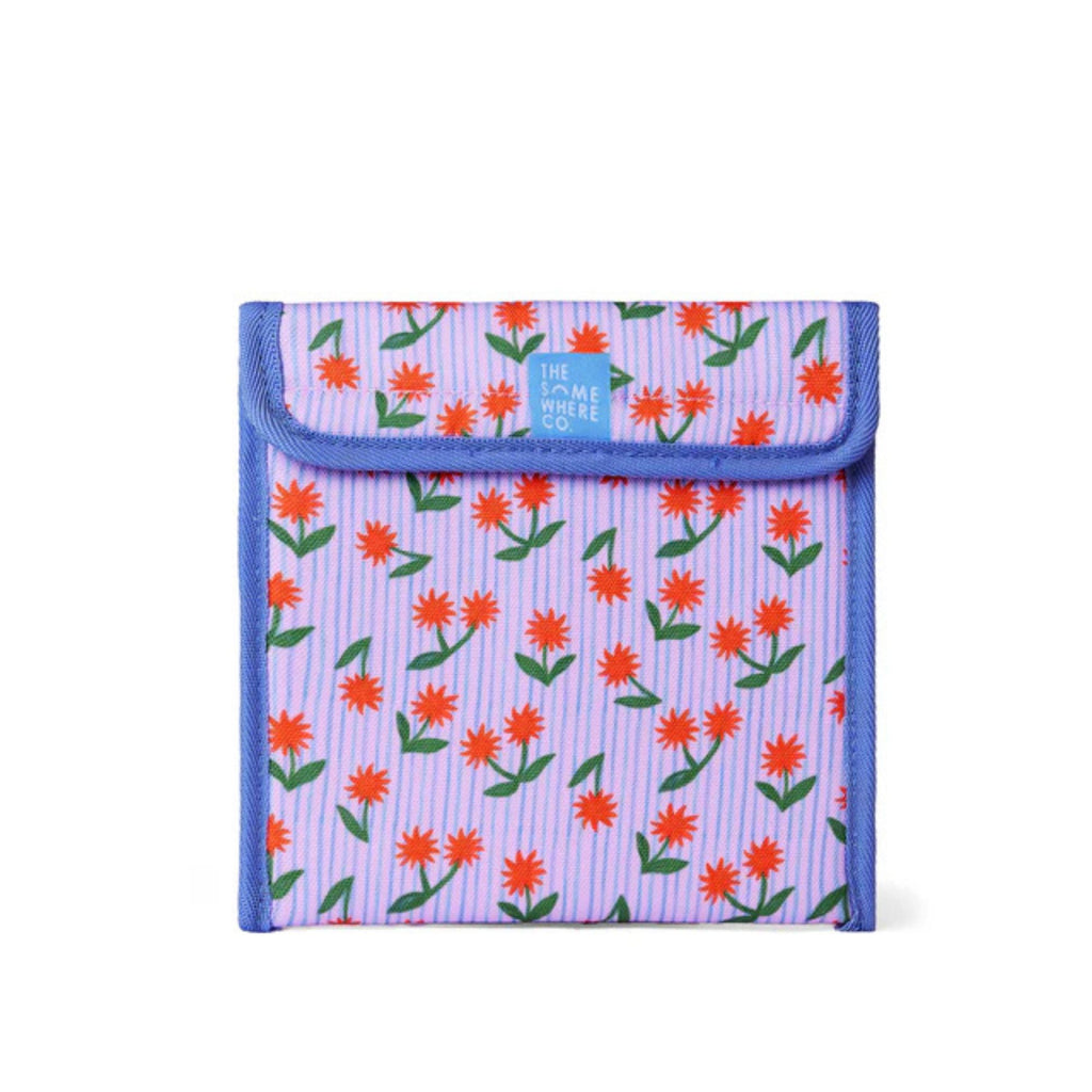 Floral patterned pouch with a visible brand label on a white background
