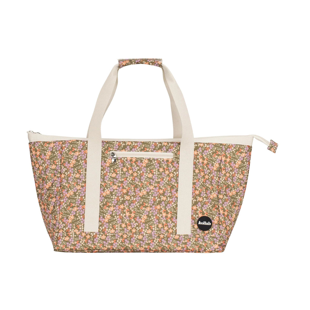 Floral-patterned tote bag with white straps on a white background