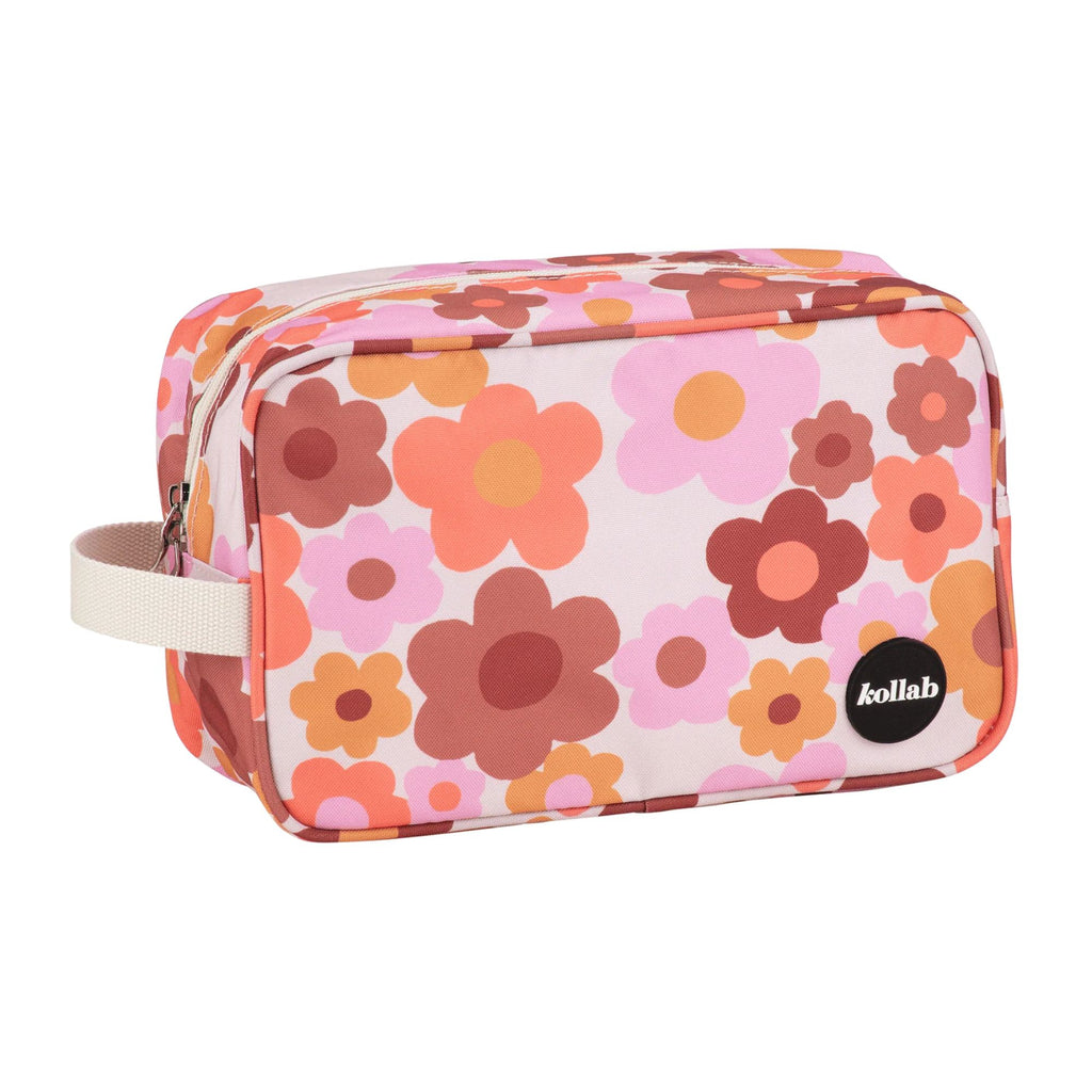 Floral-patterned toiletry bag with 'kollab' branding on a white background