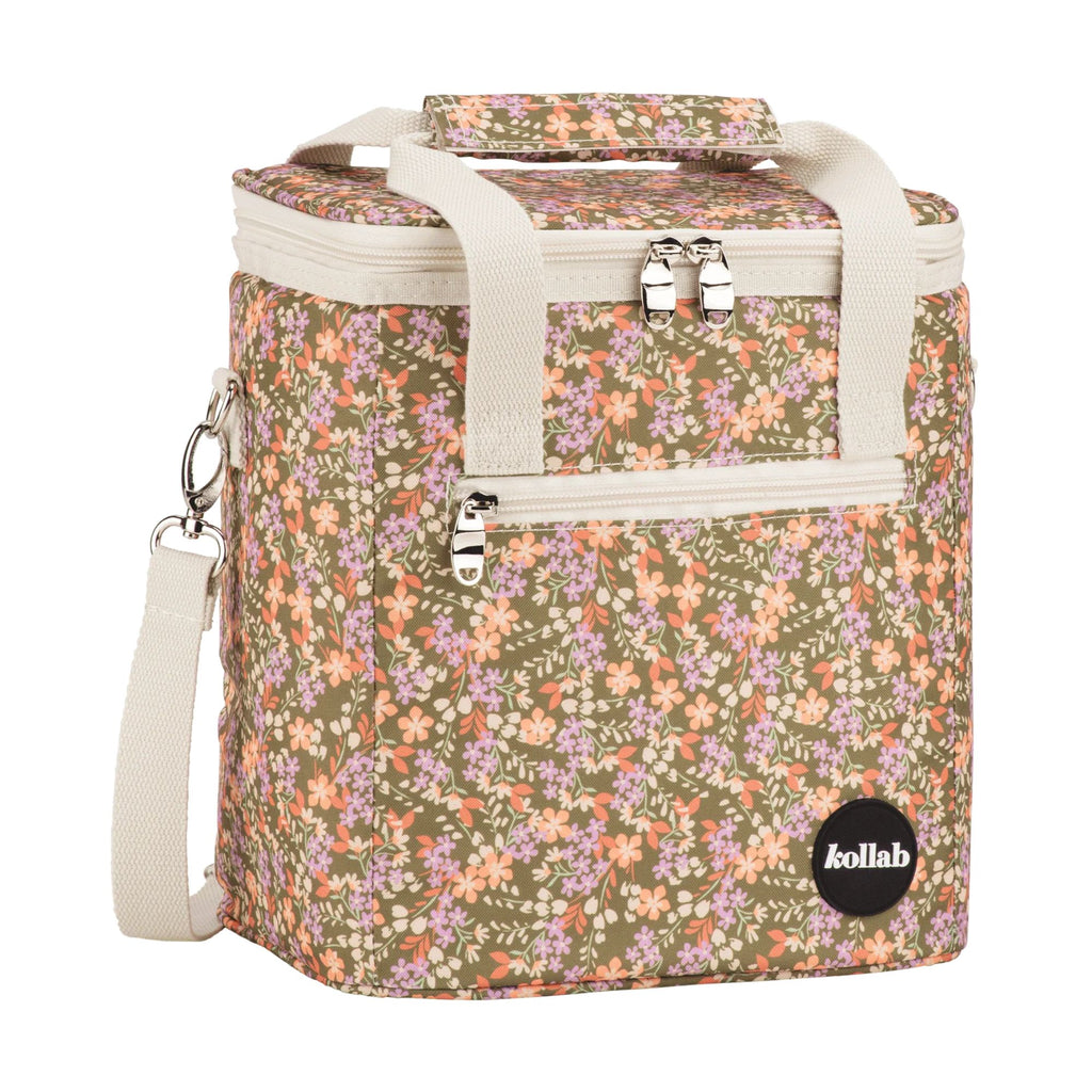 Floral-patterned cooler bag with a visible brand logo on a white background