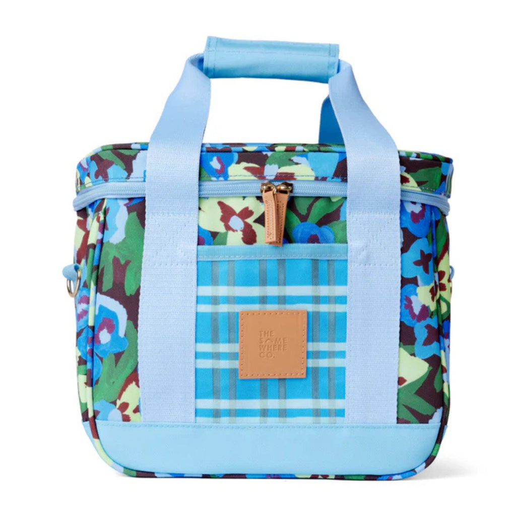 Colorful floral-patterned cooler bag with blue accents on a white background